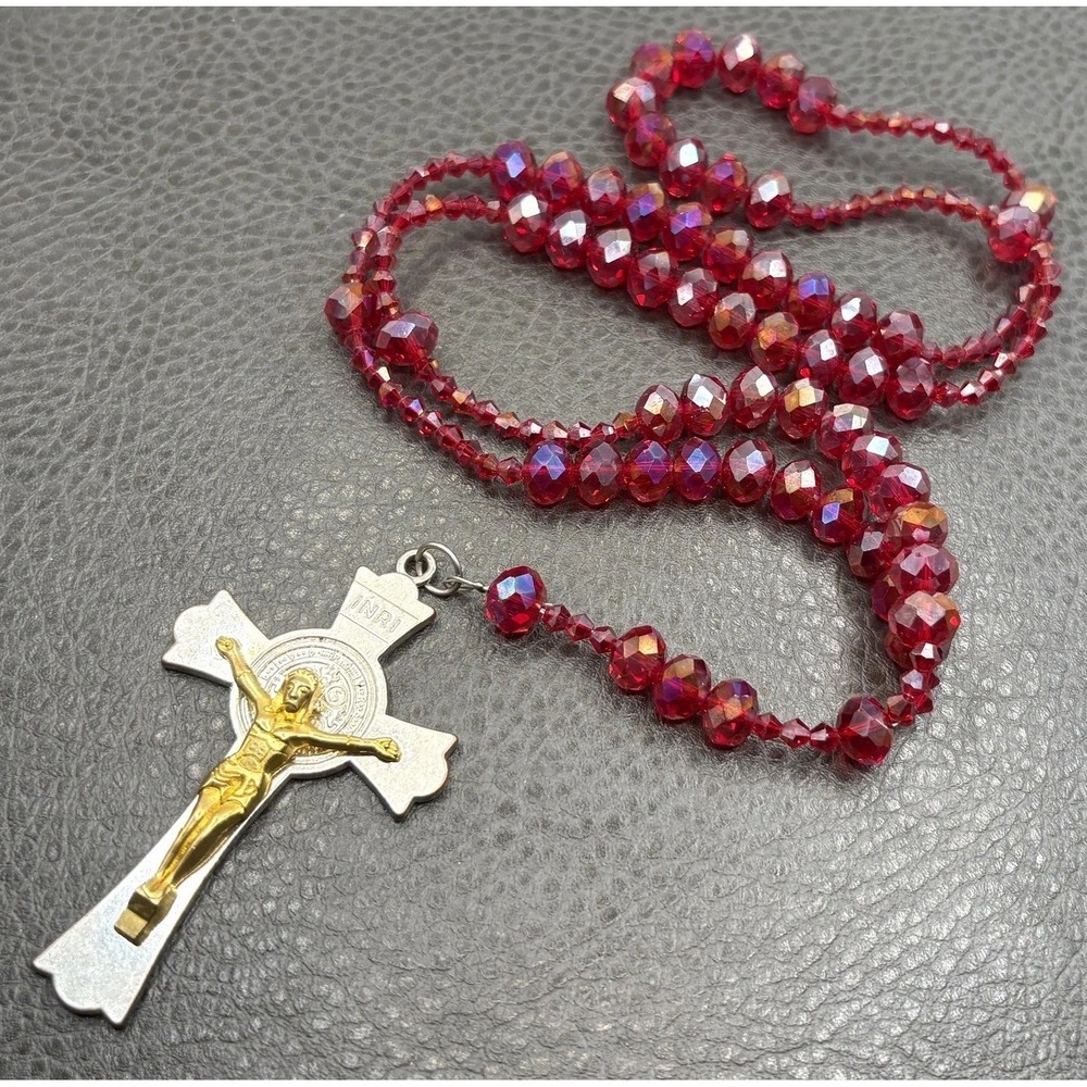 Ruby Red AB Crystal Bead Rosary St Benedict Crucifix Silver Tone 28"